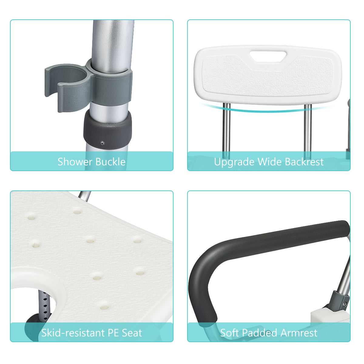 NNECW Non-Slip Shower Chair with U-Shaped Cutout for Elderly-White-4