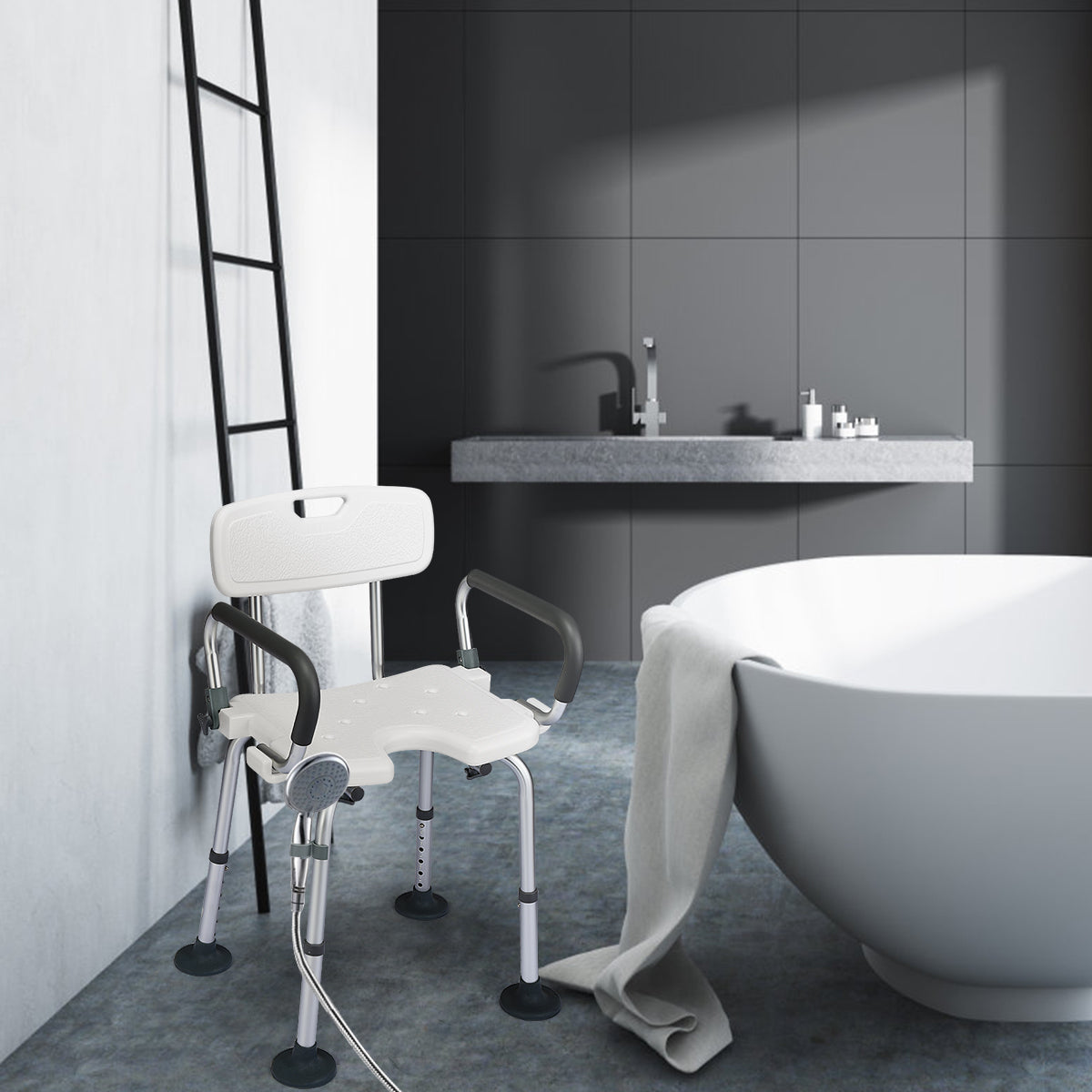 NNECW Non-Slip Shower Chair with U-Shaped Cutout for Elderly-White-0