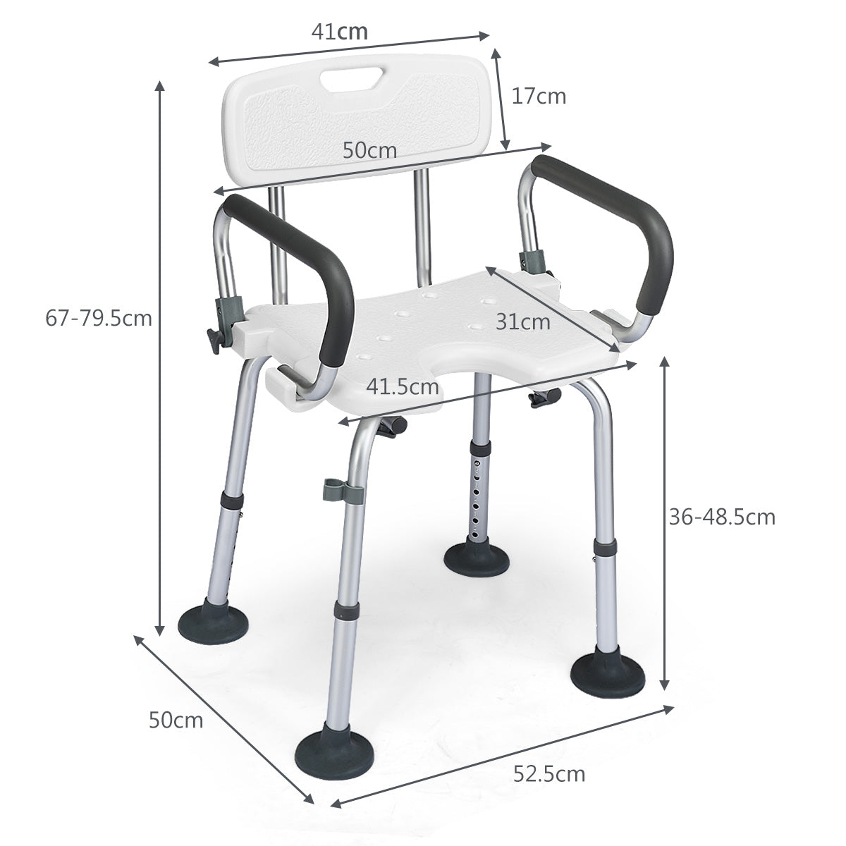 NNECW Non-Slip Shower Chair with U-Shaped Cutout for Elderly-White-3