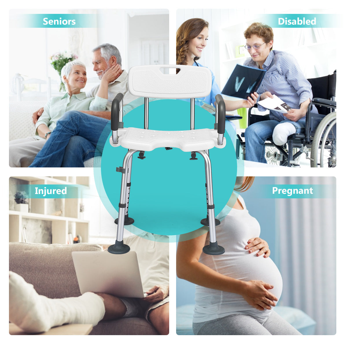 NNECW Non-Slip Shower Chair with U-Shaped Cutout for Elderly-White-2